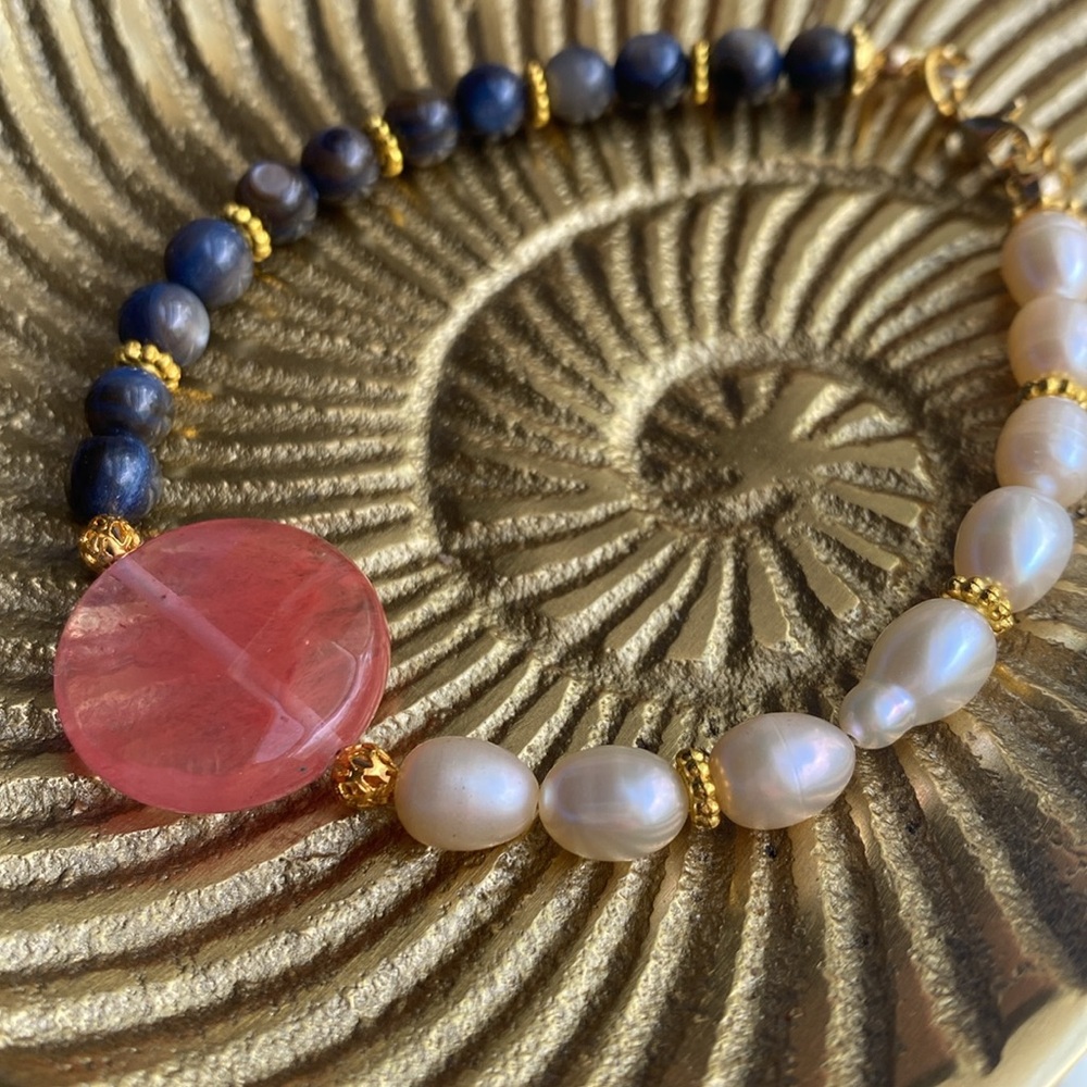 Handmade Grey-Blue Shell Beads, Pink Pearls and Strawberry Quartz Center Piece